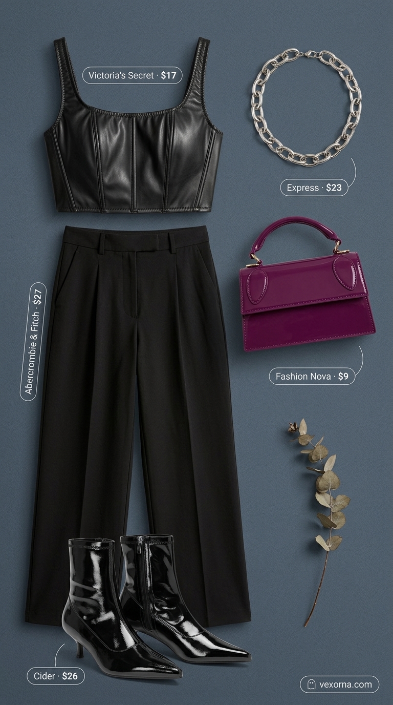 Glamorous Crop Top Outfits 2026 Glamorous black bustier crop top, wide-leg trousers, and plum bag for trendy summer crop top outfits 2026 night out.