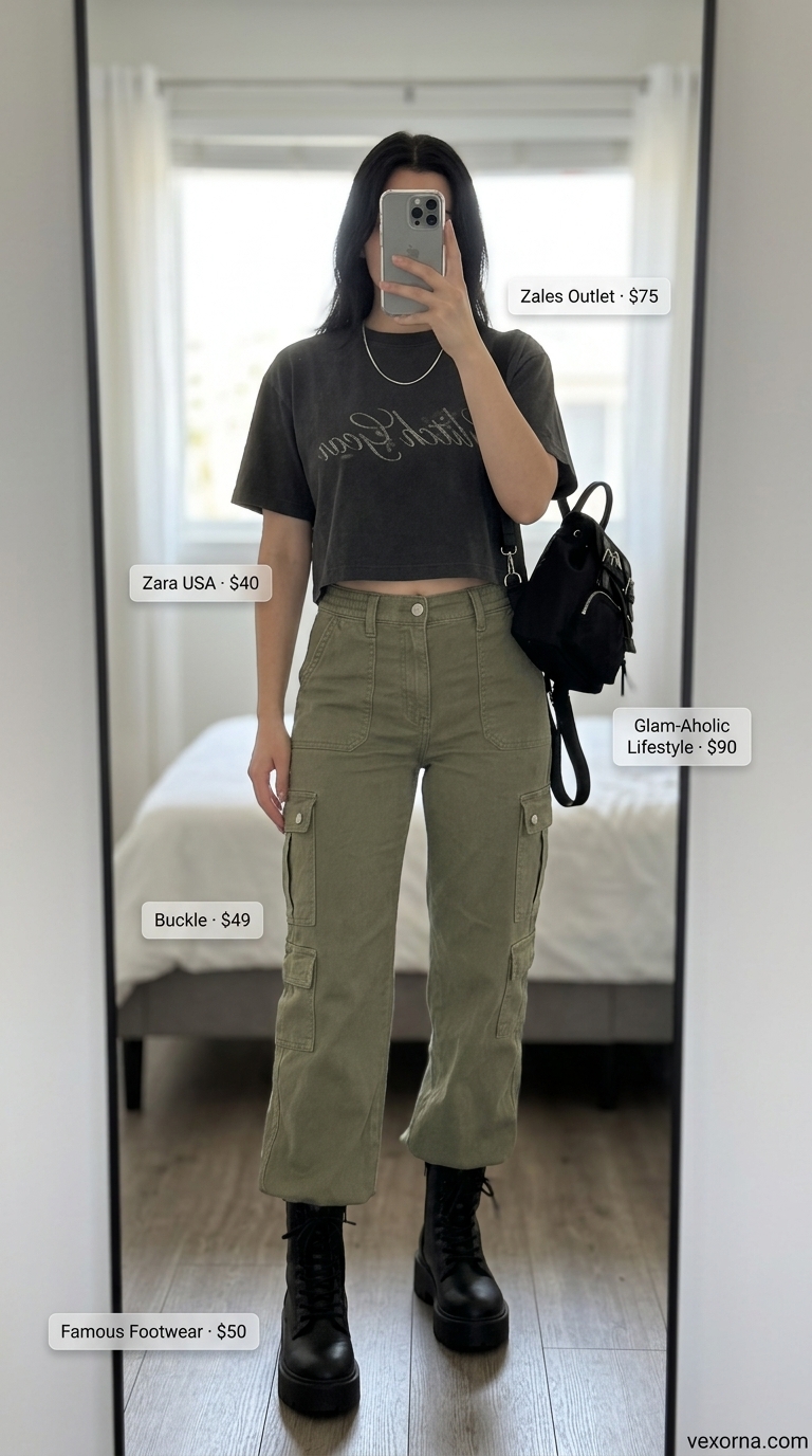 Edgy Summer Crop Top Outfits 2026 Edgy outfit with charcoal grey graphic crop top, olive green cargo pants, and black combat boots for trendy summer crop top outfits 2026.