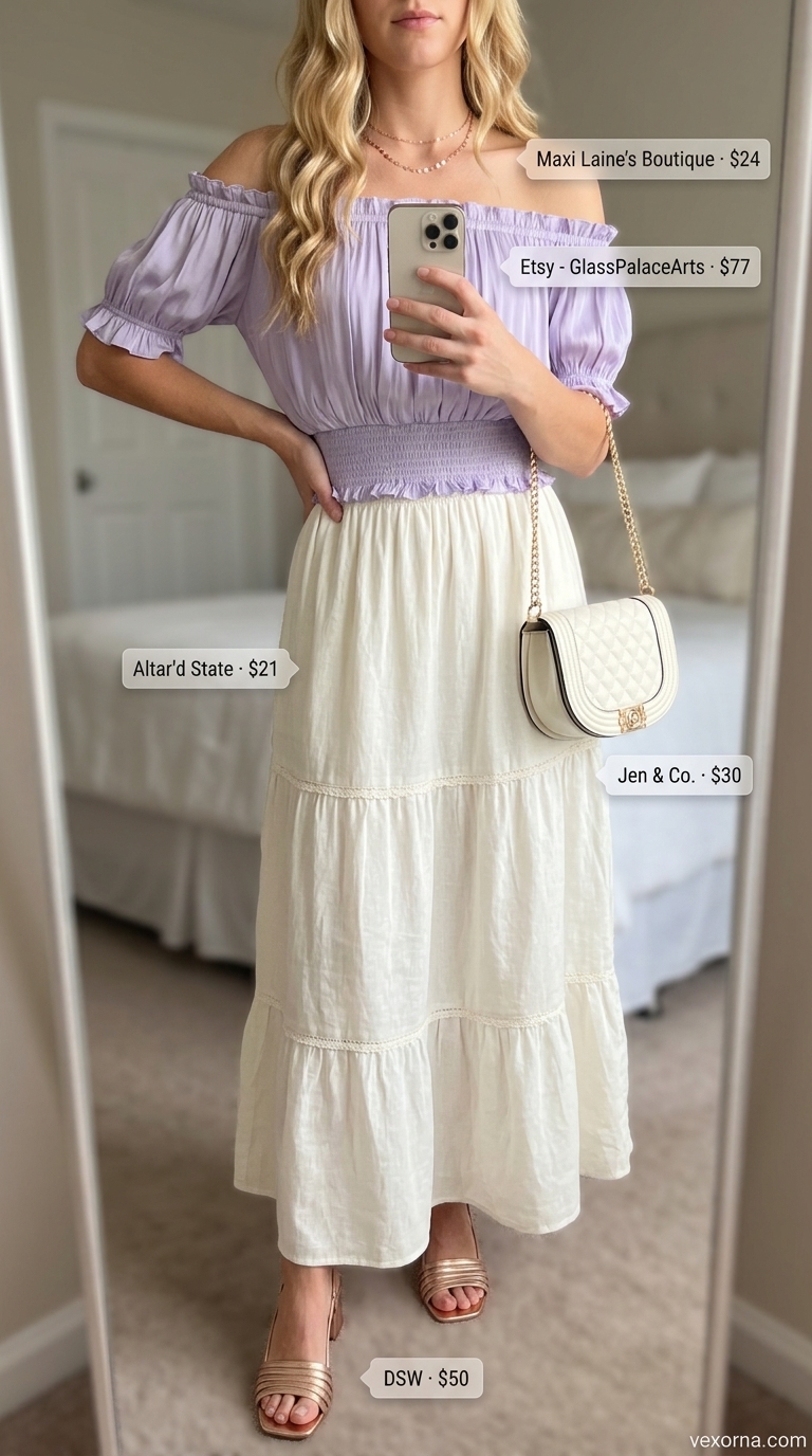 Lavender Lane Romance: Trendy Summer Crop Top Outfits 2026 Lavender off-shoulder crop top with a cream tiered maxi skirt for romantic summer crop top outfits 2026.