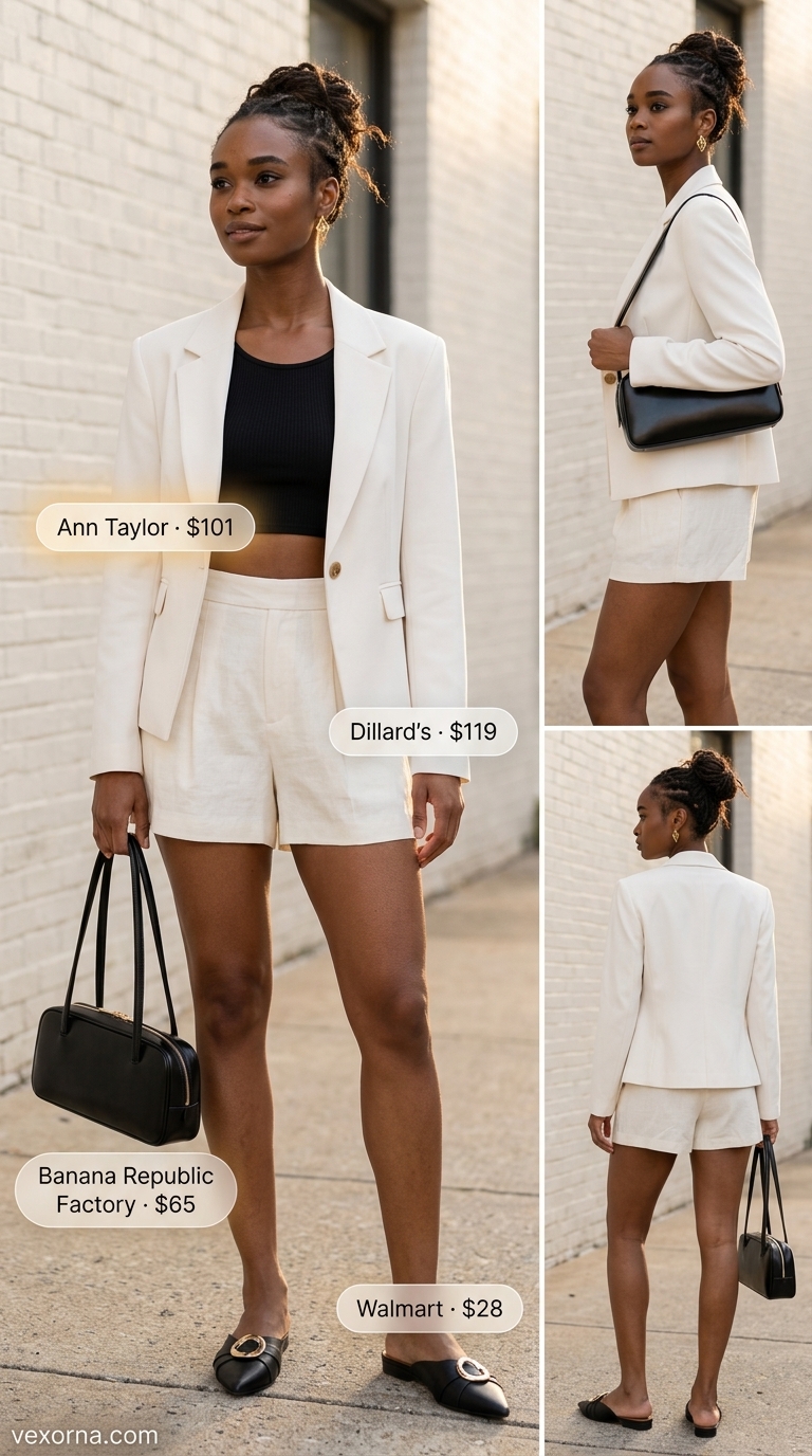 City Chic Crop Top Outfits 2026 Monochrome city outfit with off-white linen crop top and tailored shorts. Trendy summer crop top outfits 2026.