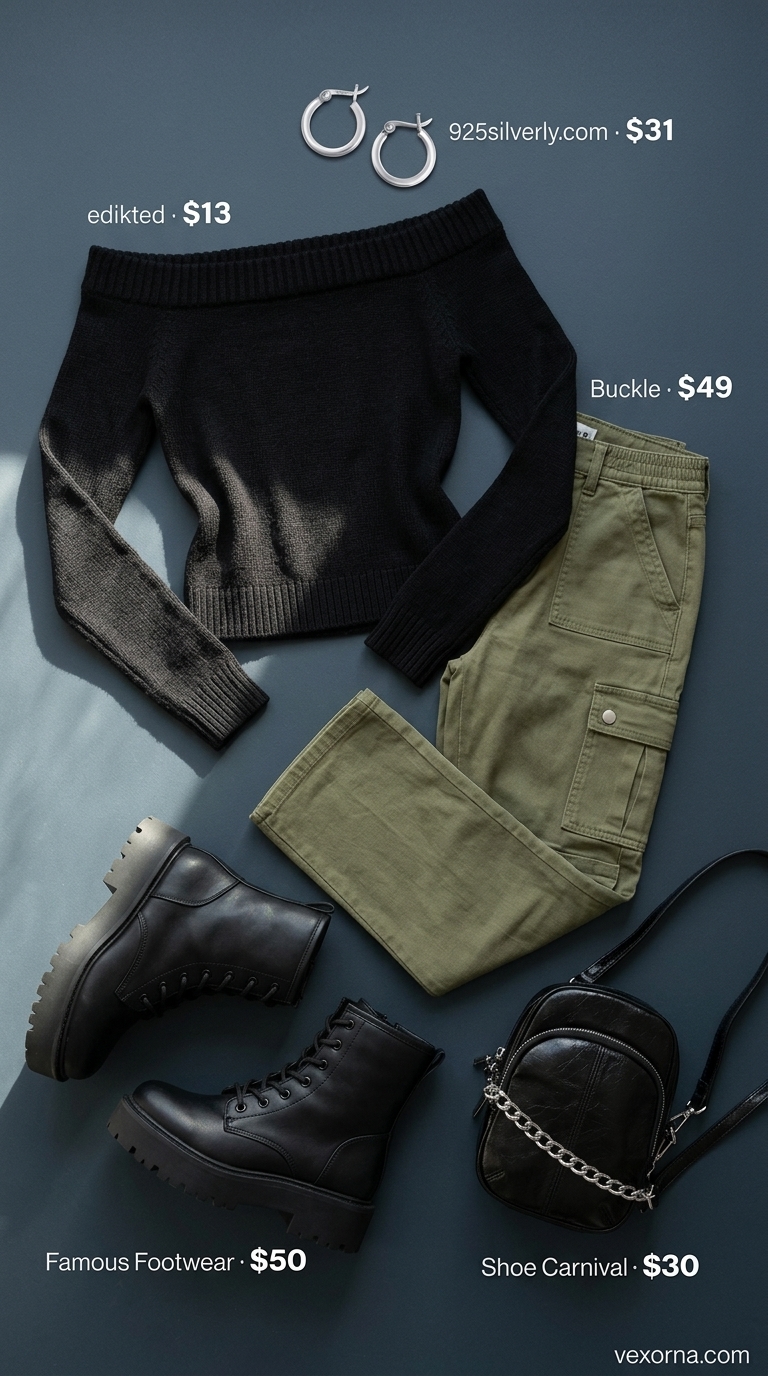 Night Out Concrete Jungle: Trendy Summer Crop Top Outfits 2026 Black off-the-shoulder crop top with olive green cargo pants for edgy summer outfits 2026.
