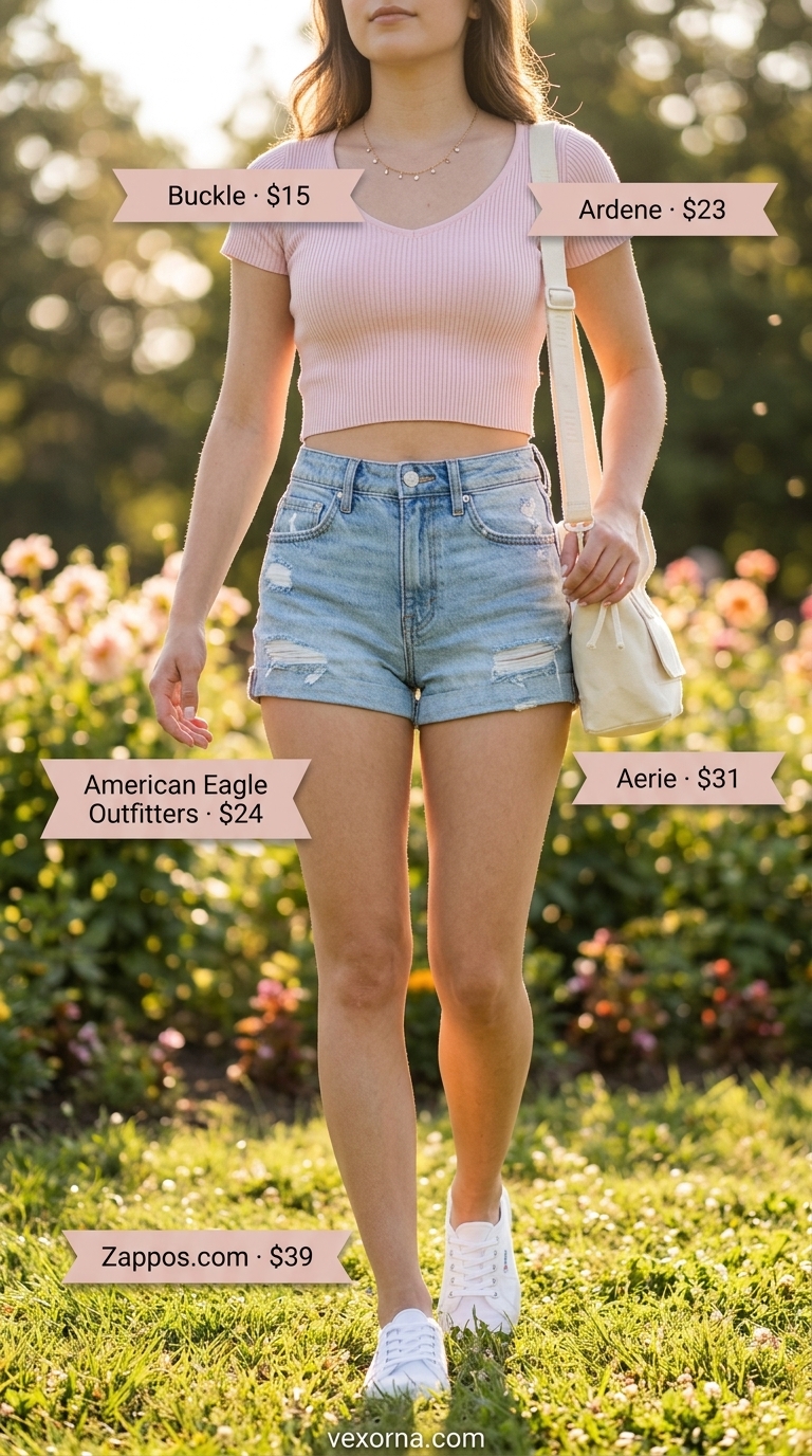 Pastel Picnic Perfection: Trendy Summer Crop Top Outfits 2026 Pastel pink ribbed knit crop top with light wash denim shorts for trendy summer crop top outfits 2026.