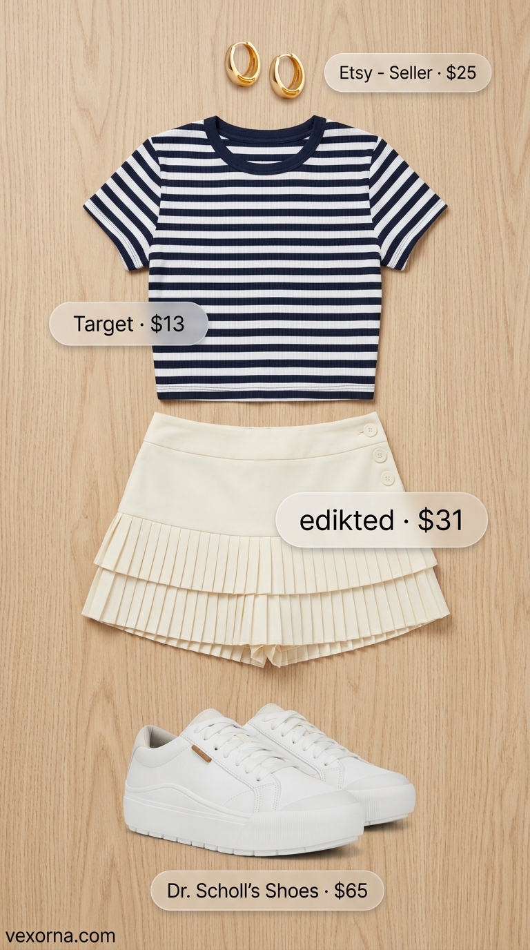 Preppy Picnic Crop Top Outfits 2026 Playful preppy picnic outfit with navy stripe crop top and cream pleated mini skirt. Trendy summer crop top outfits 2026.
