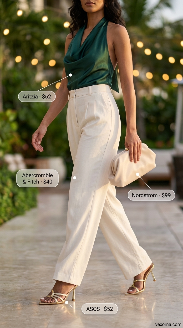 Resort Crop Top Outfits 2026 Glamorous emerald green halter crop top, cream wide-leg trousers, and gold mules for trendy summer crop top outfits 2026 resort.
