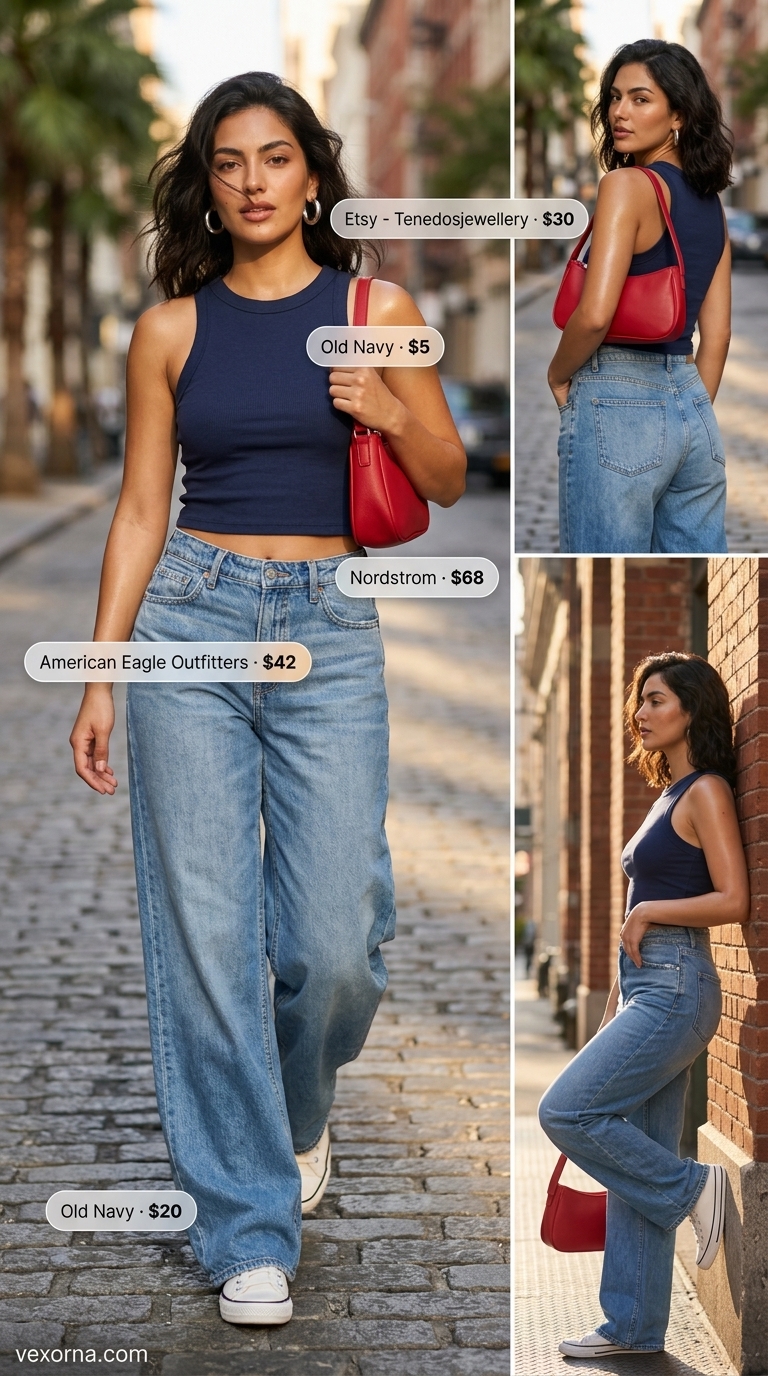 Retro Denim Crop Top Outfits 2026 Retro denim cool outfit with navy rib knit crop top and light wash wide-leg jeans. Trendy summer crop top outfits 2026.