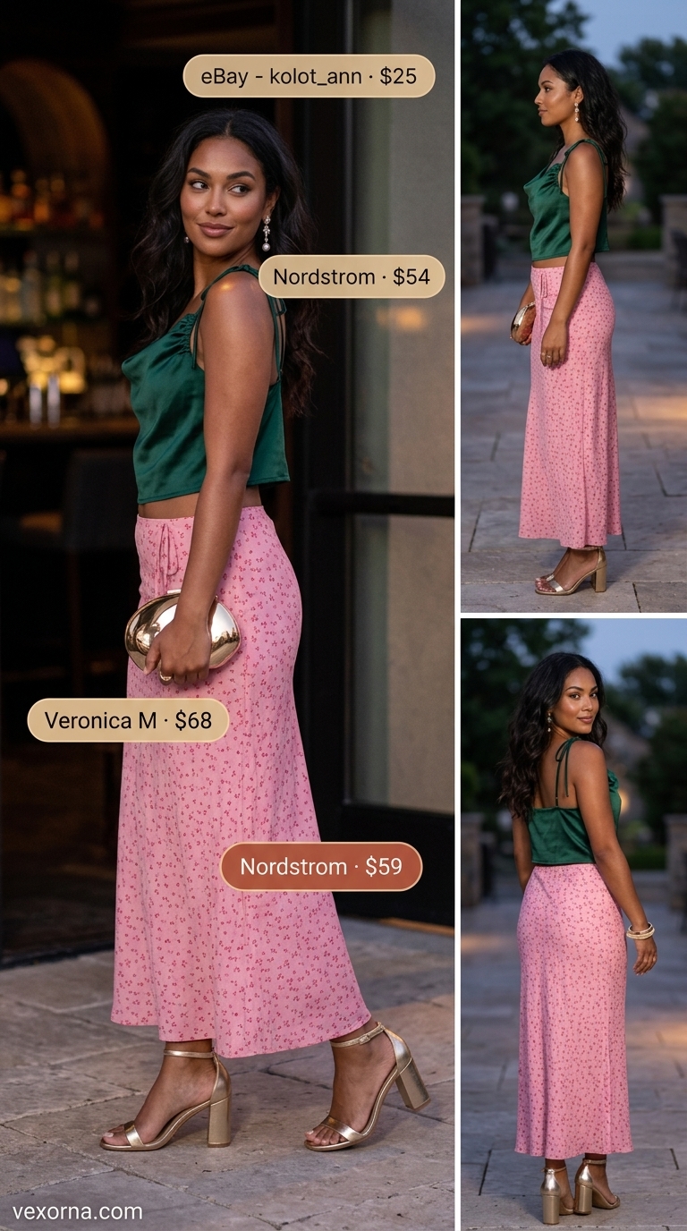 Sunset Crop Top Outfits 2026 Romantic emerald green crop top, blush floral maxi skirt, and gold sandals for trendy summer crop top outfits 2026 sunset.