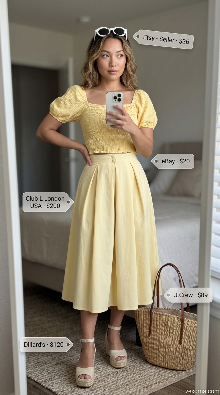 Daytime Crop Top Outfits 2026 Chic sunny yellow puff-sleeve crop top, midi skirt, and espadrilles for trendy summer crop top outfits 2026 daytime.