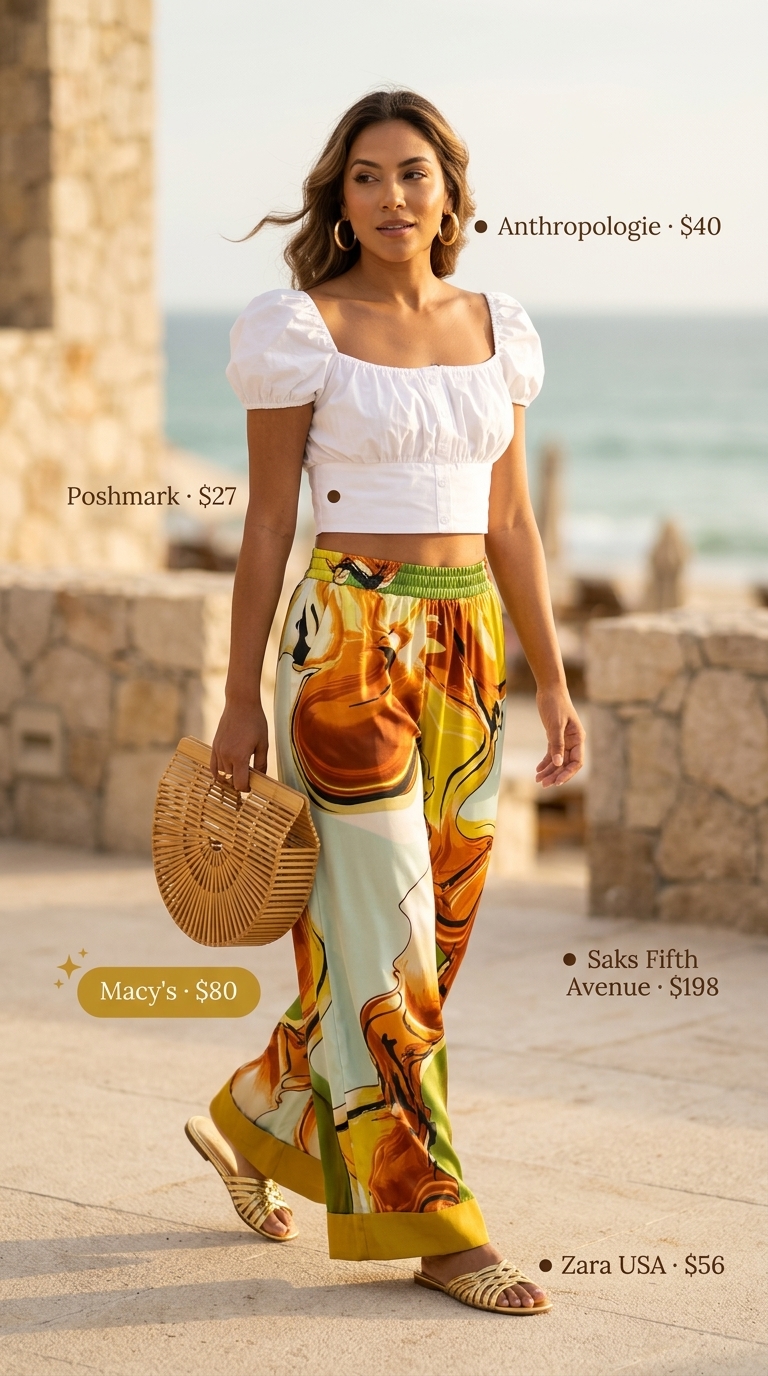 Glamorous tropical getaway outfit with white puff sleeve crop top and green wide-leg pants. Trendy summer crop top outfits 2026.