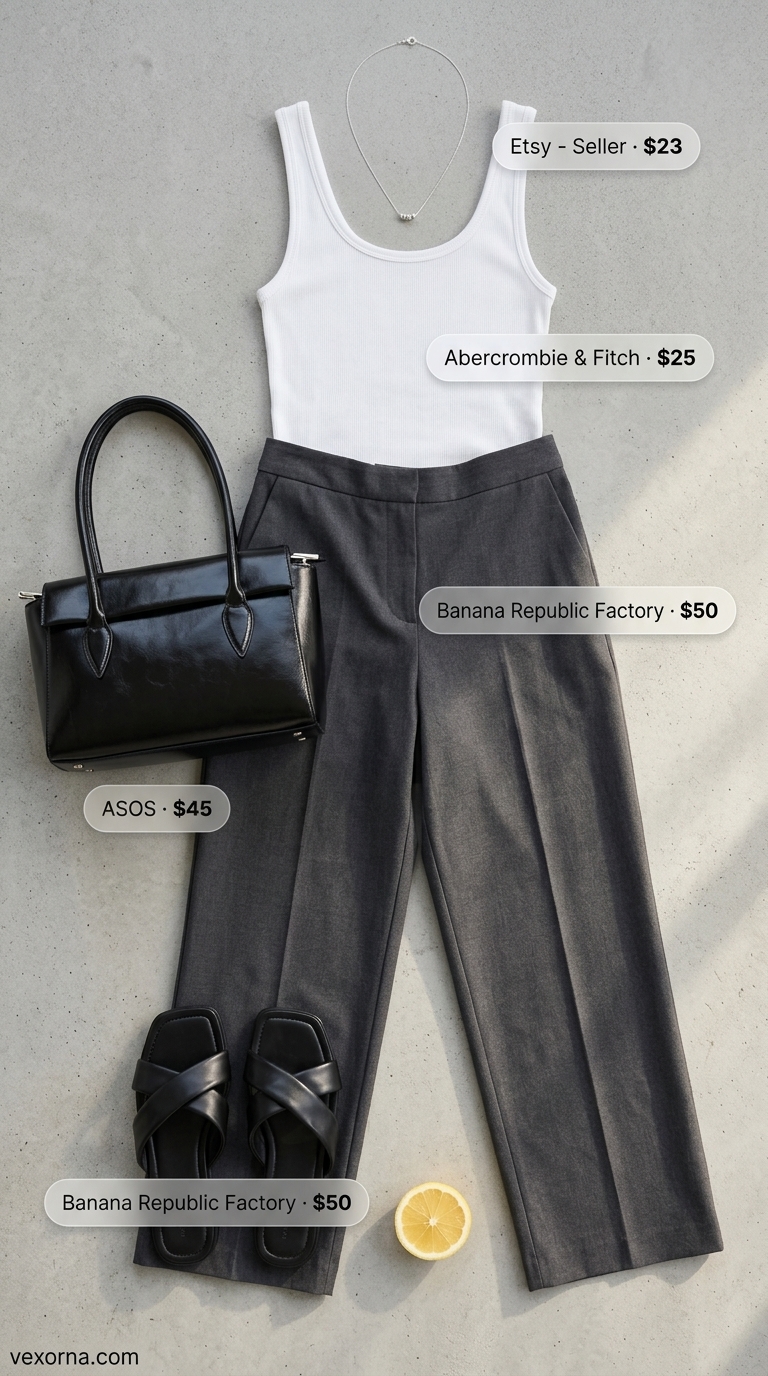 Urban Edge City Stroll: Trendy Summer Crop Top Outfits 2026 White fitted crop tank top with charcoal grey wide-leg trousers for city chic summer outfits 2026.