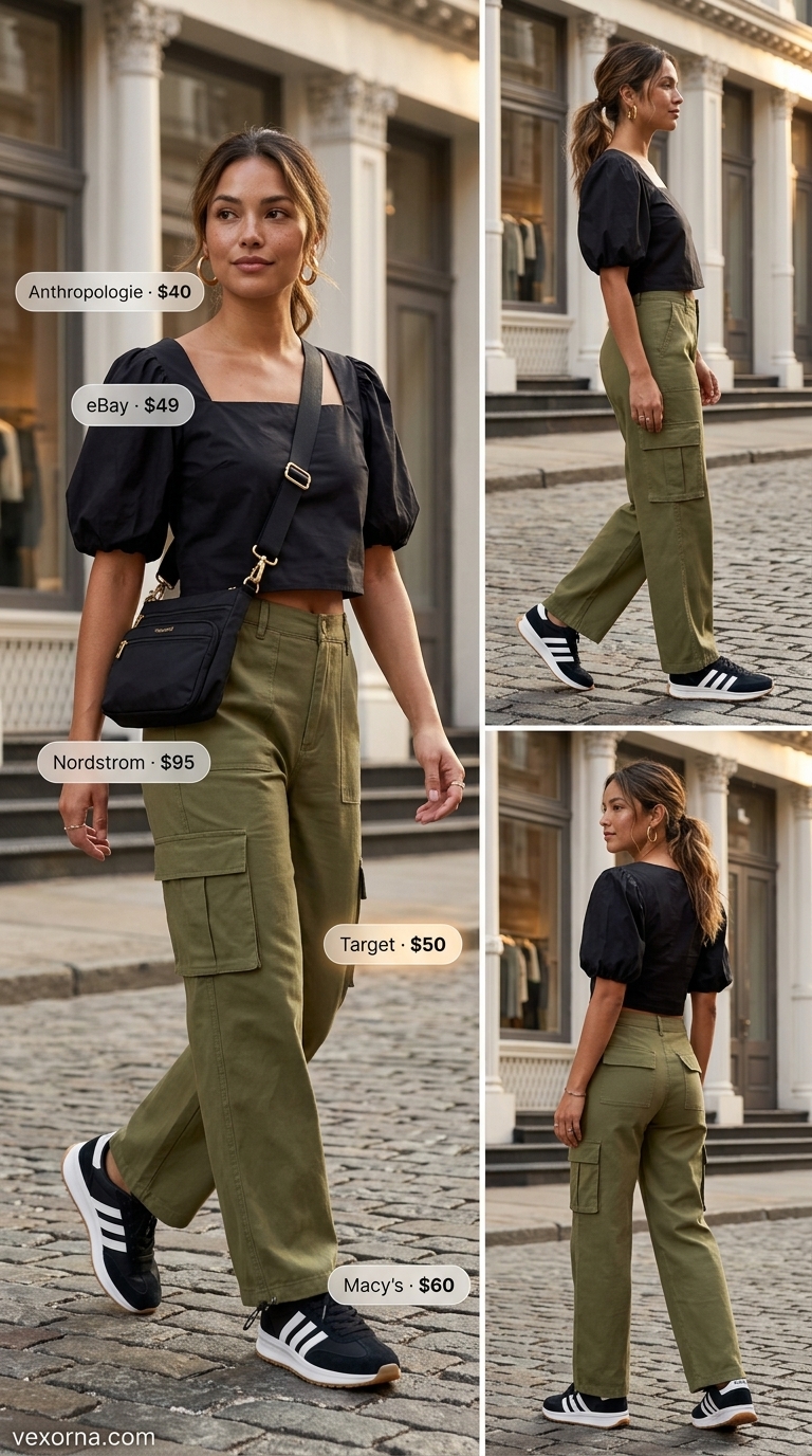 Urban Safari Crop Top Outfits 2026 Urban safari chic outfit with black crop top and khaki cargo pants. Trendy summer crop top outfits 2026.