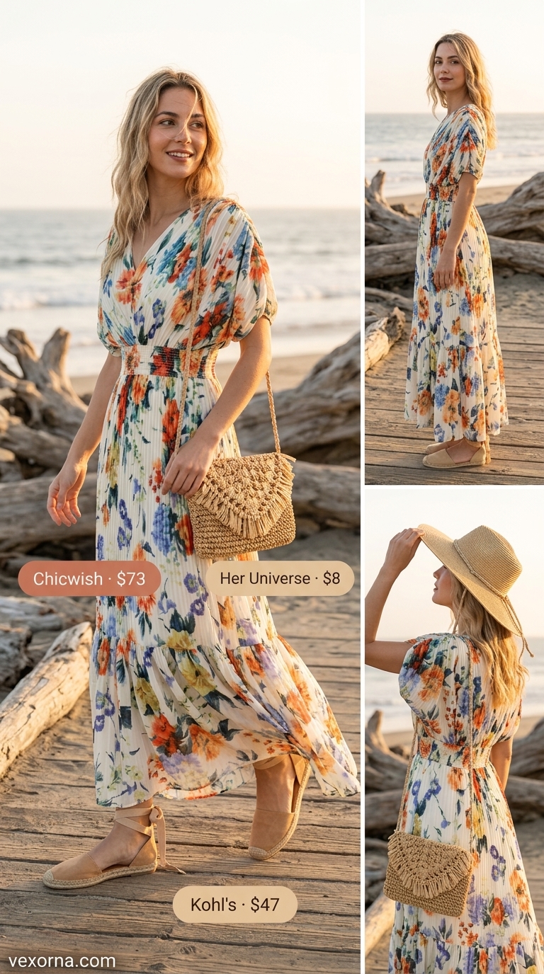 Bohemian coral and teal print maxi dress for a beach dinner or resort evening. Trendy summer dresses 2026.