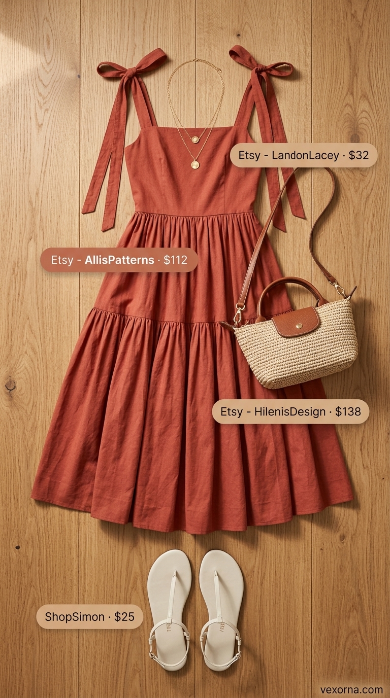 Boho sunset soiree outfit: terracotta maxi dress, layered gold necklaces, raffia crossbody, and straw fedora. Trendy summer dresses 2026.