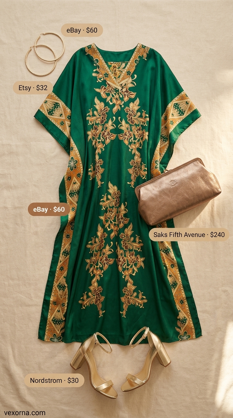 Emerald isle resort glam outfit: printed caftan maxi dress, gold hoop earrings, and metallic gold sandals. Trendy summer dresses 2026.