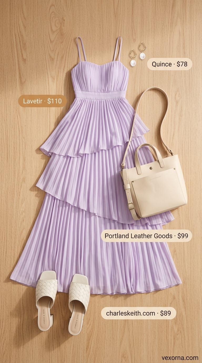 Whimsical lavender crinkle chiffon maxi dress for afternoon tea or an outdoor wedding. Trendy summer dresses 2026.