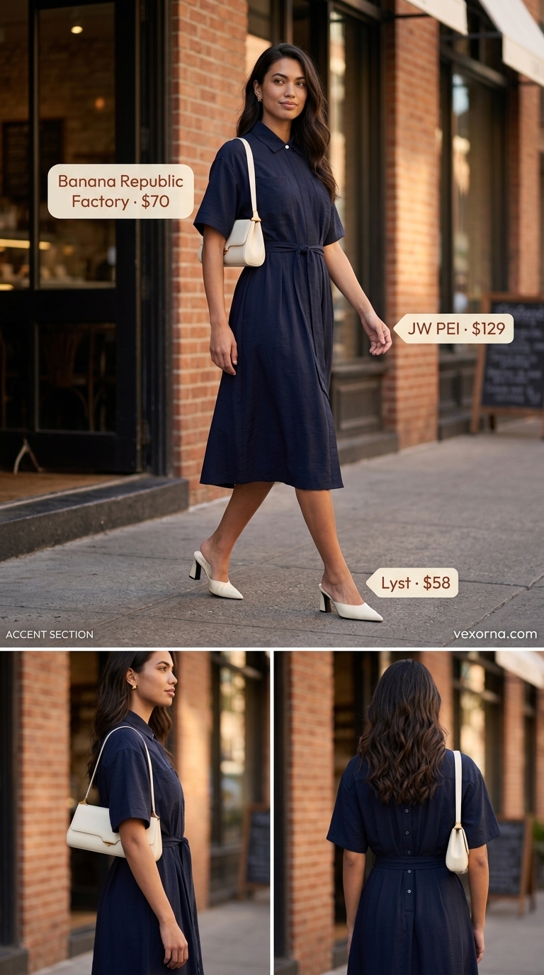 Polished navy shirt dress with gold accents for brunch. Trendy summer dresses 2026.