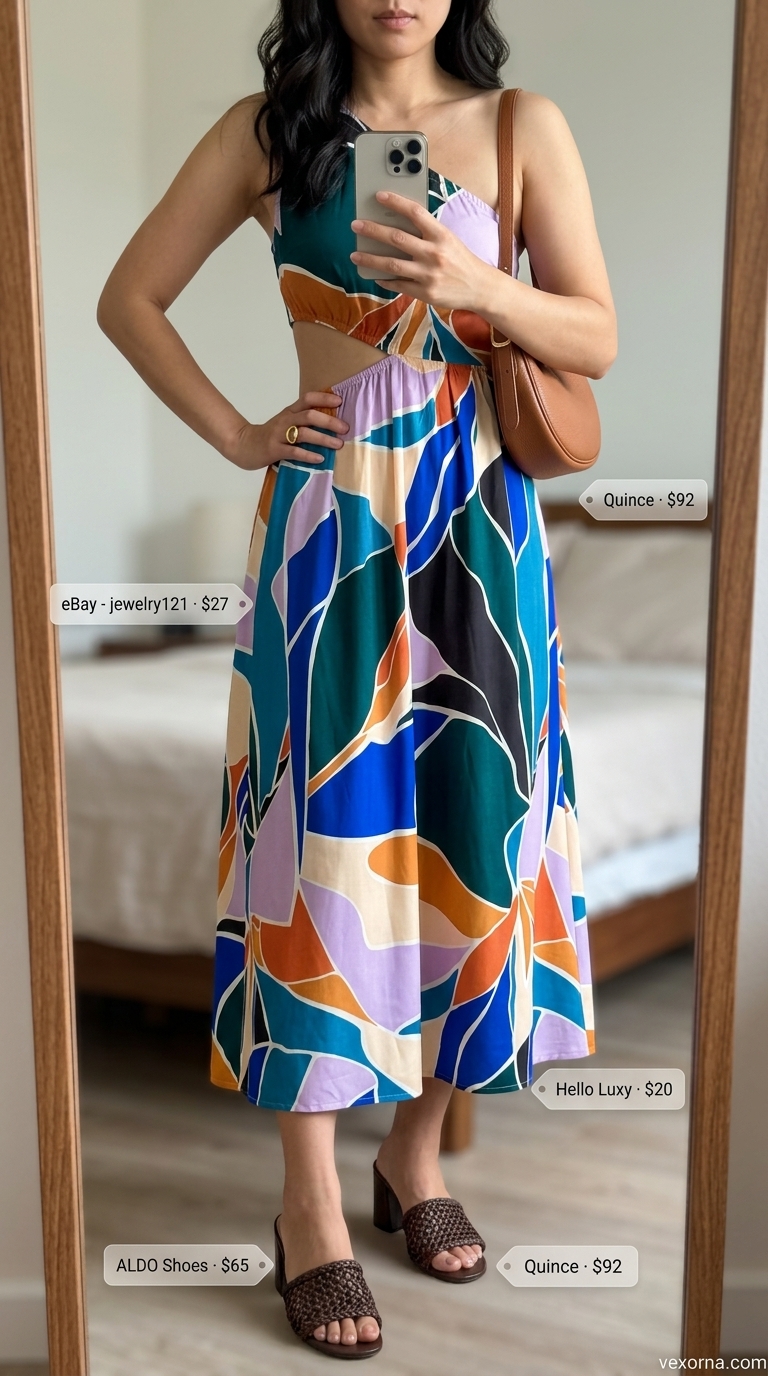 Bold multi-color abstract print midi dress for art gallery events. Trendy summer dresses 2026.