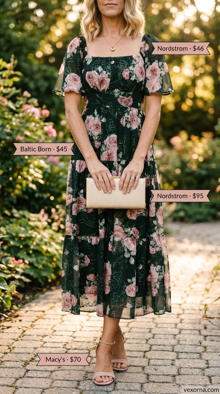 Feminine blush pink floral midi wrap dress for a garden party or semi-formal lunch. Trendy summer dresses 2026.