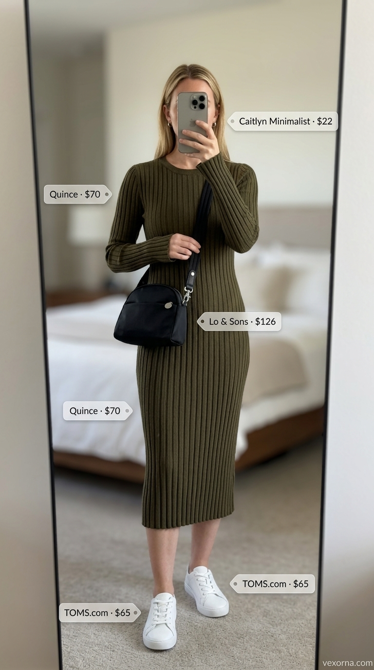 Comfortable olive green knit midi dress for weekend activities or a coffee date. Trendy summer dresses 2026.