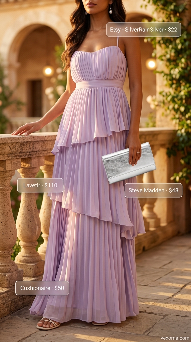 Riviera romance outfit: soft lavender maxi dress, silver drop earrings, block heel sandals, and silver clutch. Trendy summer dresses 2026.