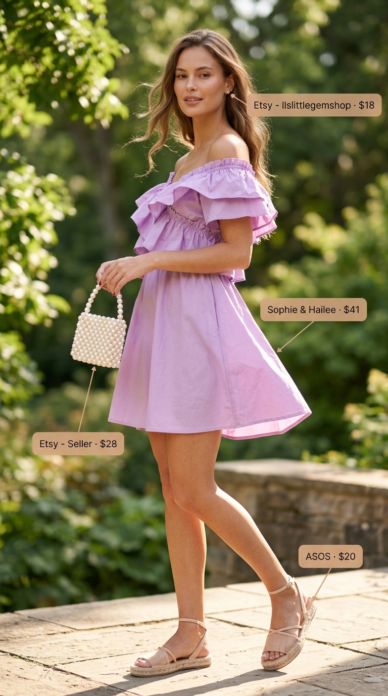 Dreamy lavender smocked off-the-shoulder mini dress for a garden party or daytime event. Trendy summer dresses 2026.