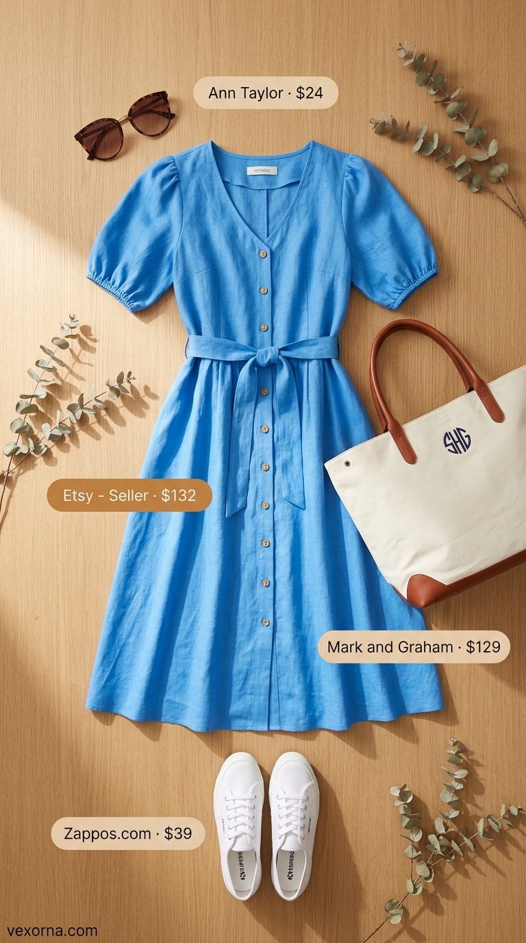 Effortless sky blue linen blend midi dress for a weekend lunch or casual errands. Trendy summer dresses 2026.
