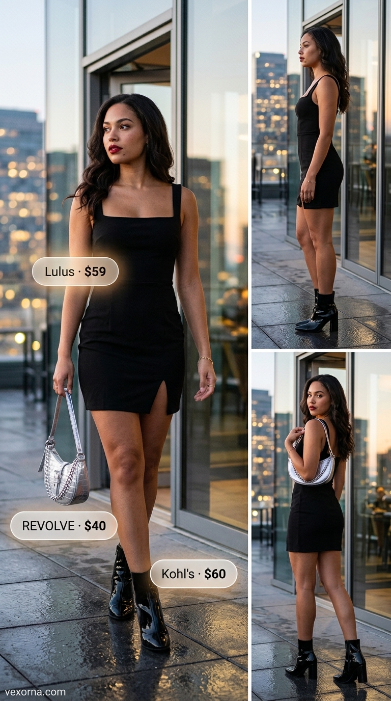 Edgy black bodycon dress with silver metallic accents for a night out. Trendy summer dresses 2026.