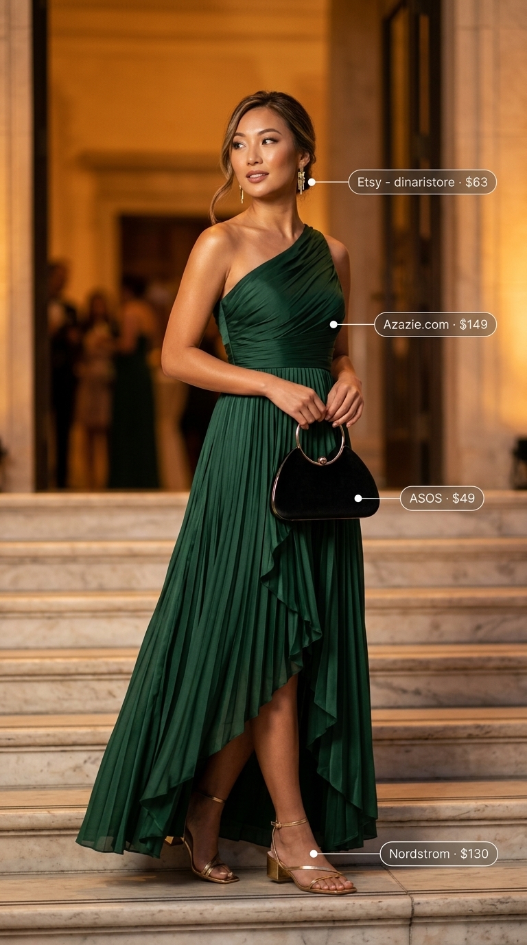 Sophisticated summer gala outfit: forest green one-shoulder maxi dress, gold statement earrings, and black velvet clutch. Trendy summer dresses 2026.