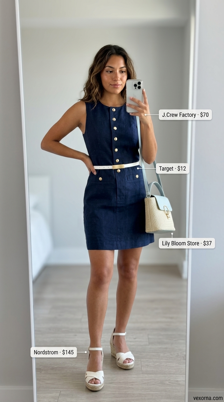 Charming navy blue linen blend A-line mini dress for a summer picnic or daytime outing. Trendy summer dresses 2026.