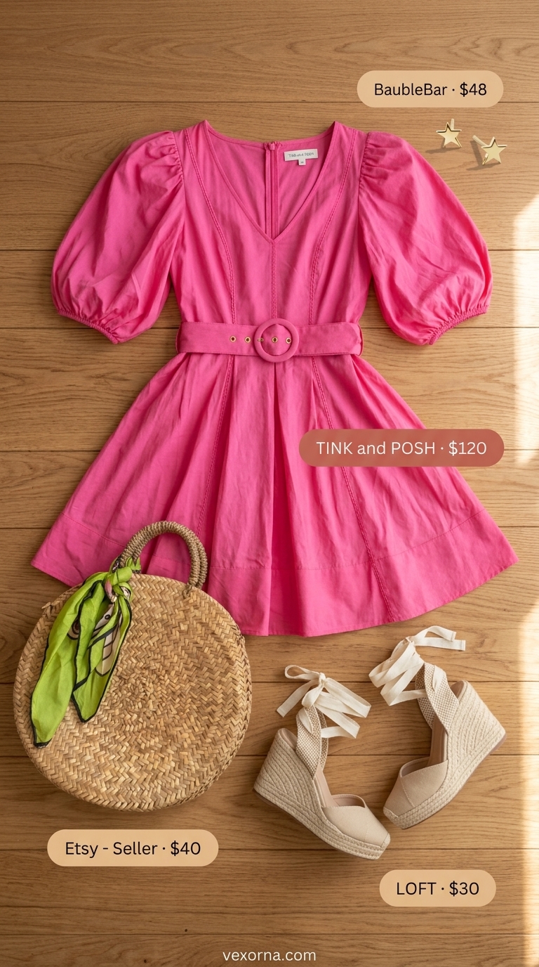 Sweet hot pink poplin mini dress with puff sleeves for brunch. Trendy summer dresses 2026.