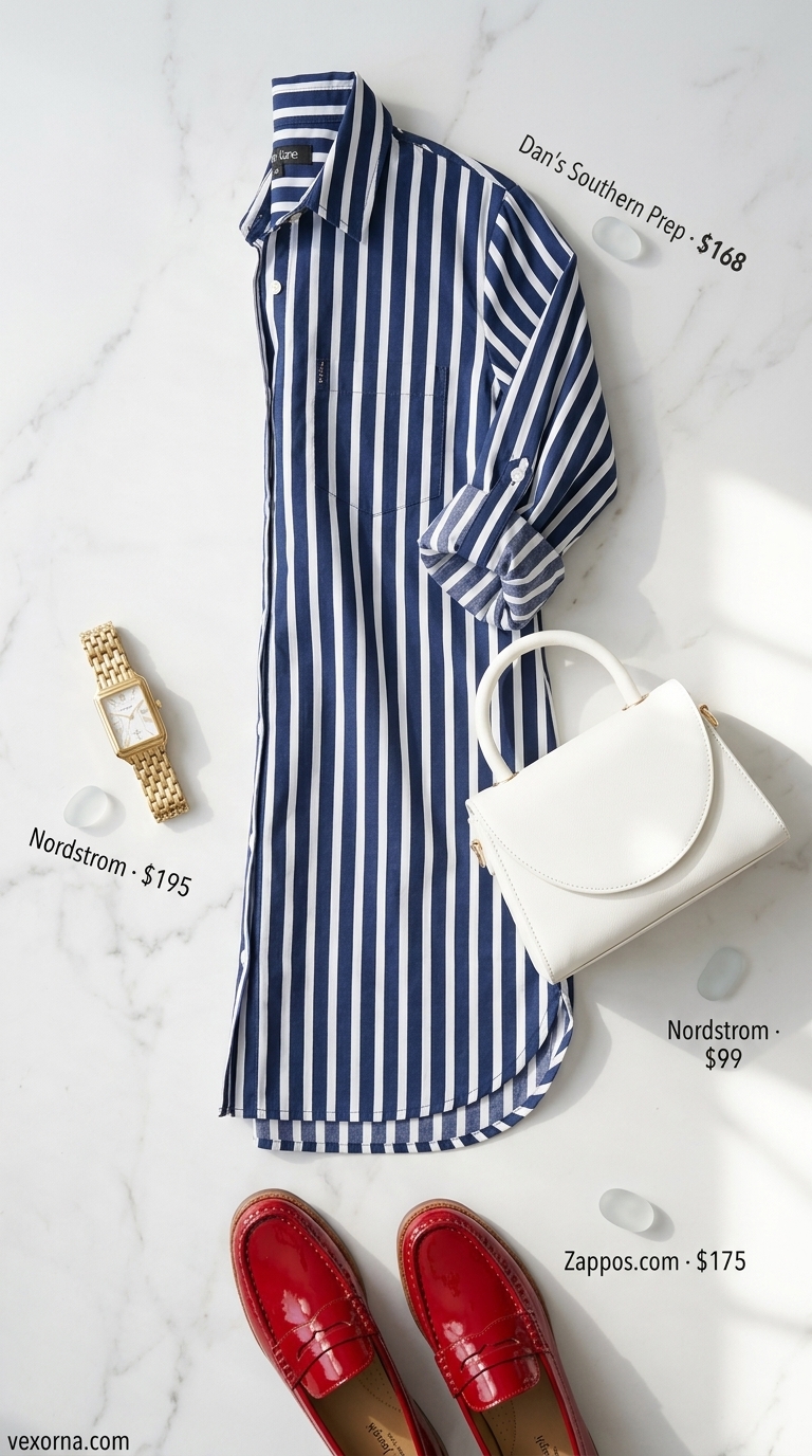 Preppy seaside lunch outfit: navy and white striped shirt dress, red loafers, and white top-handle bag. Trendy summer dresses 2026.