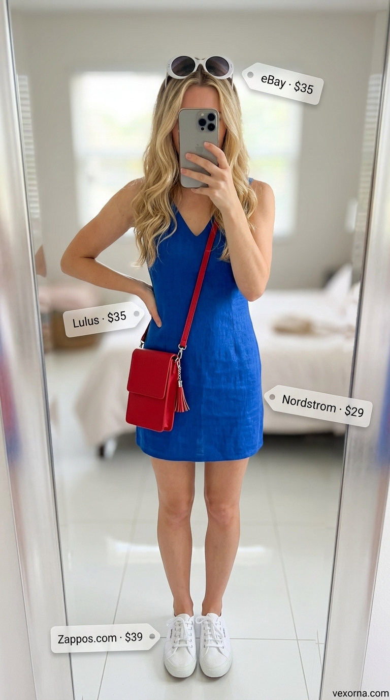 Playful cobalt blue A-line mini dress for a casual day out or music festival. Trendy summer dresses 2026.