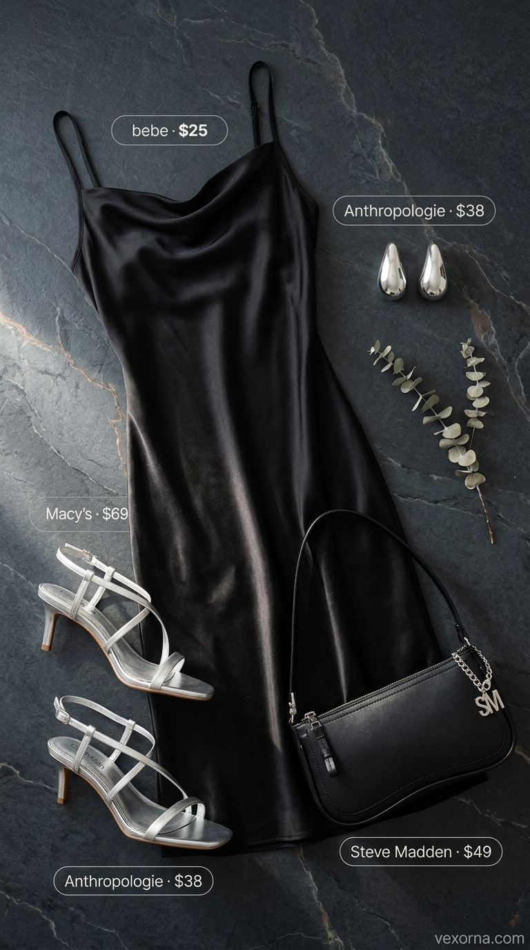 City chic evening outfit: black cowl neck slip dress, silver chain shoulder bag, and strappy silver sandals. Trendy summer dresses 2026.