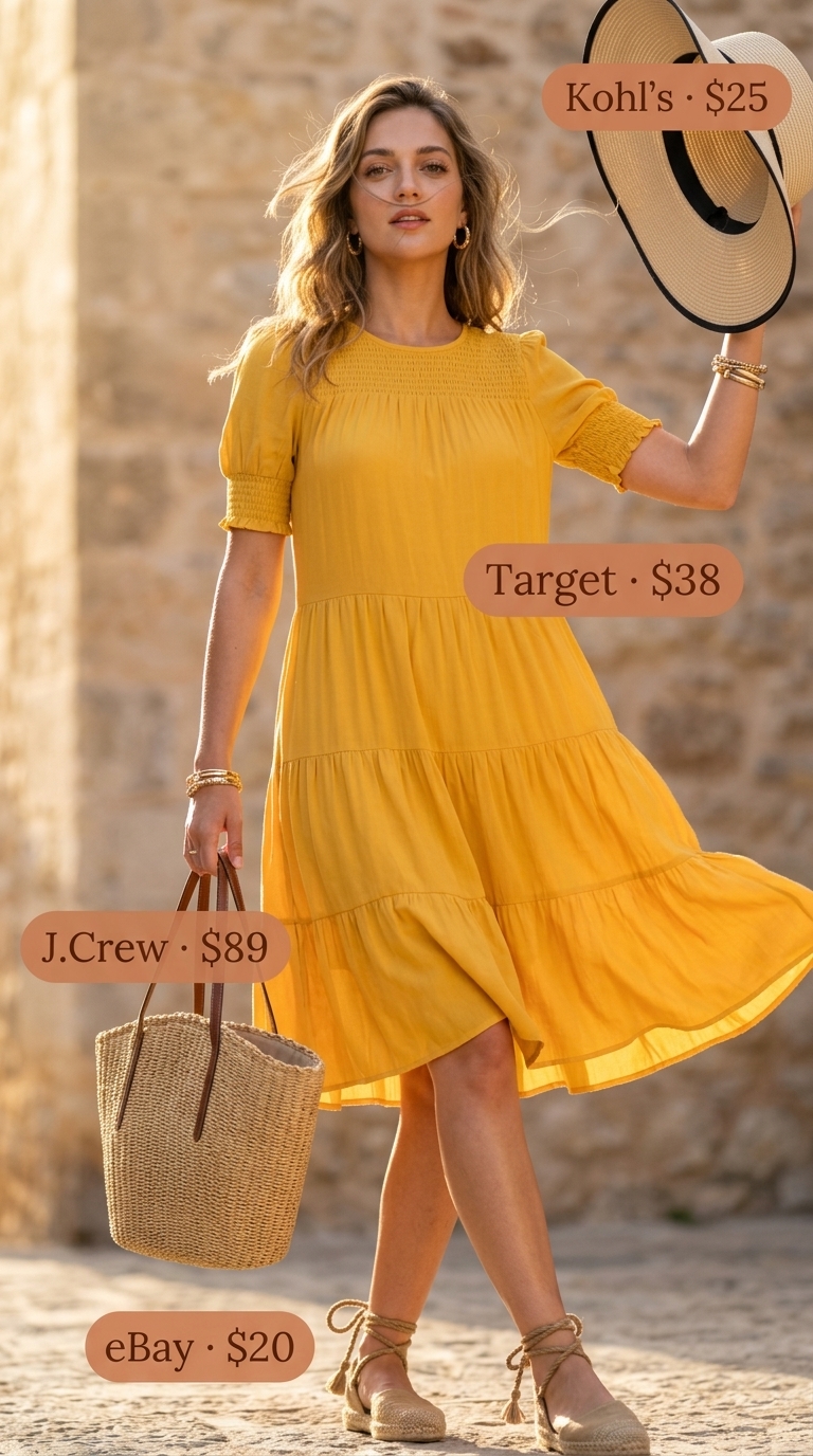 Cheerful marigold yellow smocked mini dress for casual brunch. Trendy summer dresses 2026.