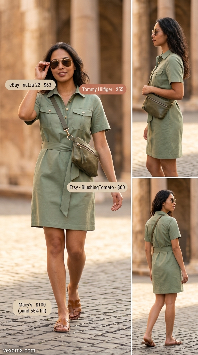Modern khaki utility shirt dress with tan sandals for city exploration. Trendy summer dresses 2026.