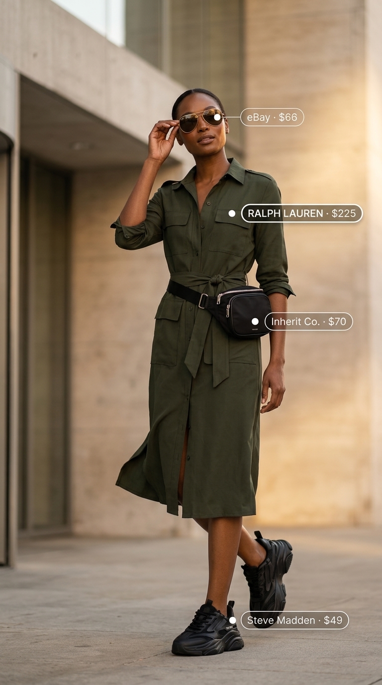 Safari chic explorer outfit: khaki utility midi dress, black sneakers, gold aviator sunglasses, and black belt bag. Trendy summer dresses 2026.