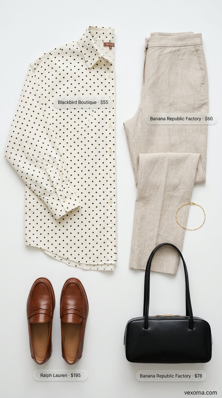 Polished Polka Dot Summer Outfits 2026 Polished office outfit: White polka dot shirt, khaki trousers, loafers, and shoulder bag for 2026.