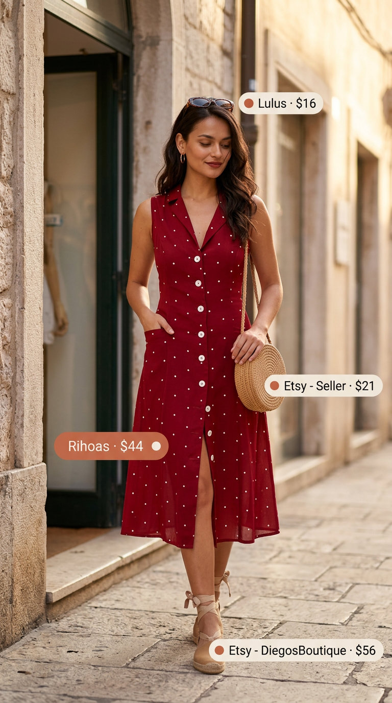 Coastal Resort Day: Polka Dot Dress 2026 Vibrant coral polka dot shirt dress for coastal exploring. Trendy summer polka dots outfits 2026.