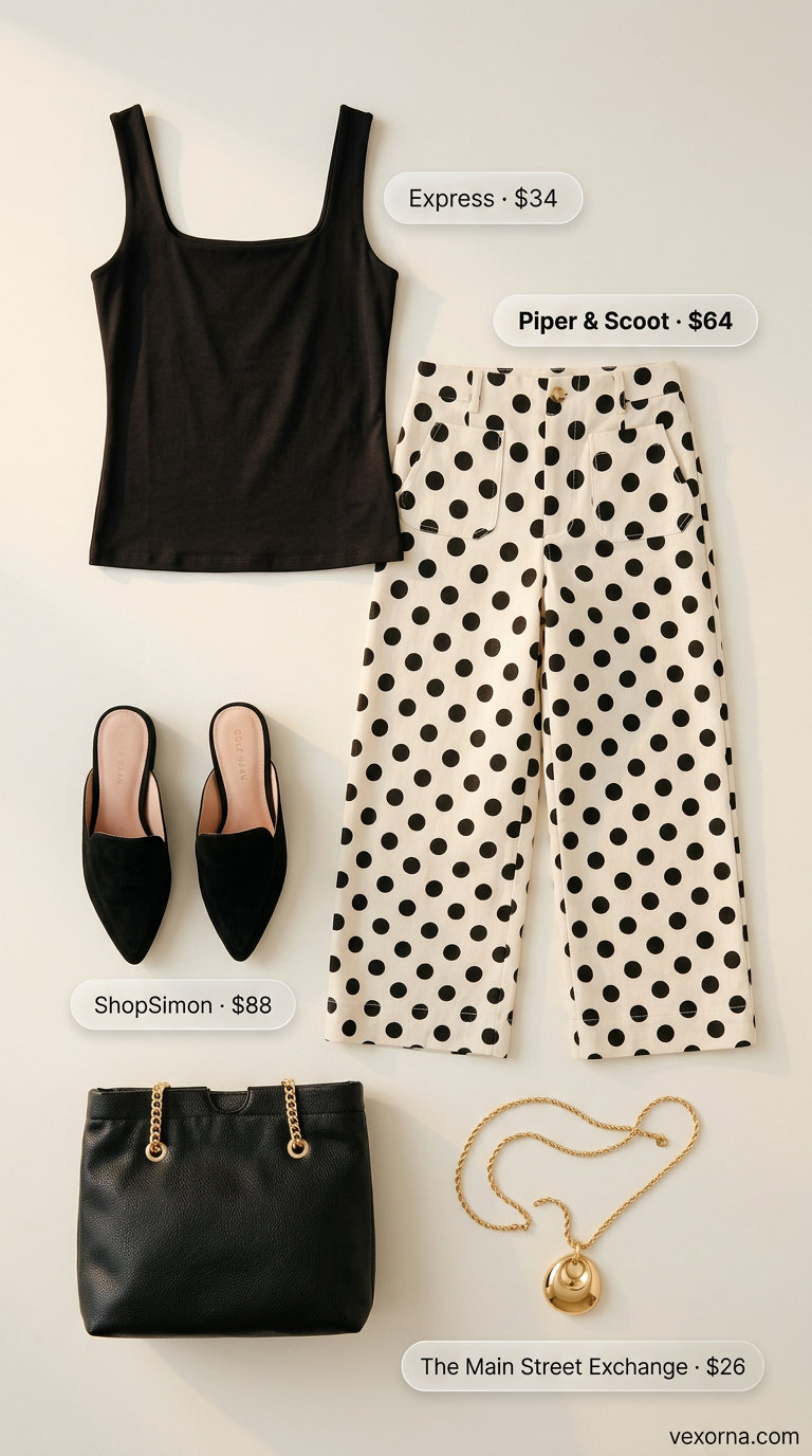 Trendy Summer Polka Dots Outfits 2026: City Sophisticate Trendy summer polka dots outfits 2026: Cream polka dot wide-leg trousers, black top, and black mules for city brunch.