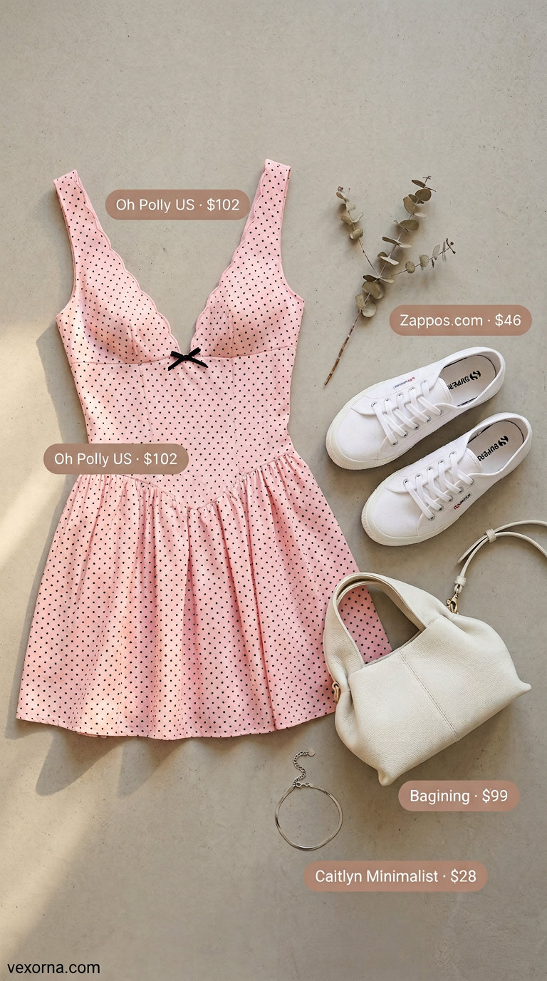 Garden Party Polka Dot Summer Outfits 2026 Sweet garden party outfit: Pastel pink polka dot mini dress, crossbody bag, and sneakers for 2026.