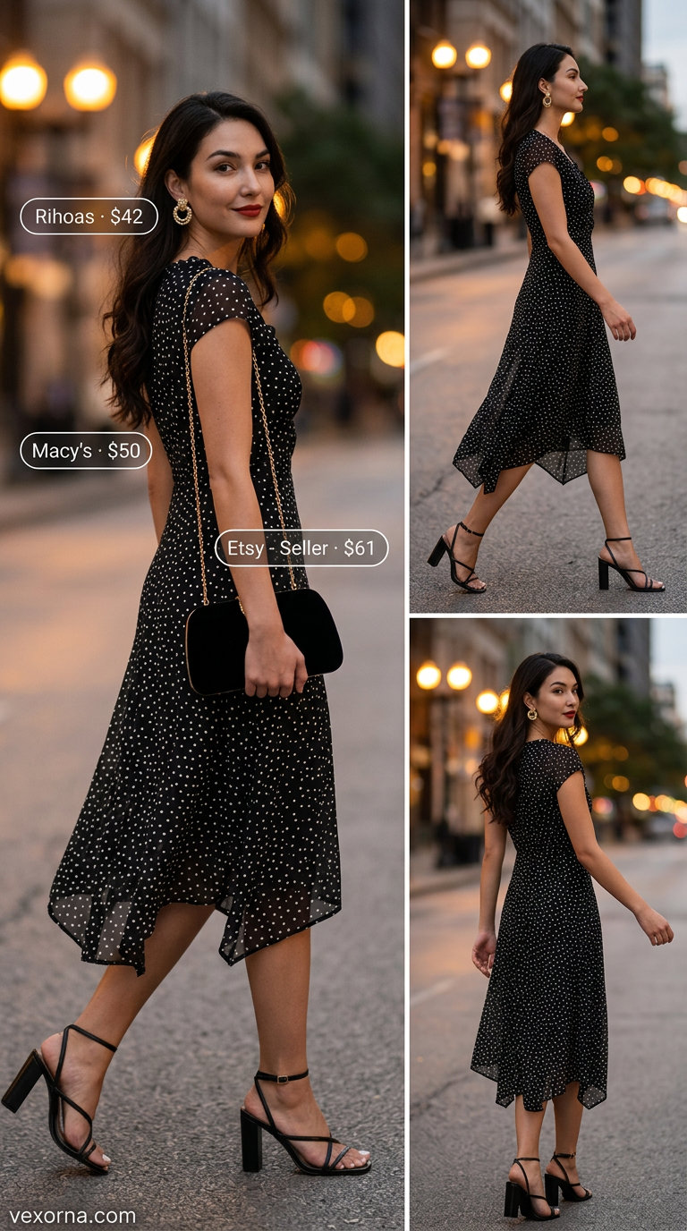 Glamorous Polka Dot Summer Outfits 2026 Glamorous date night outfit: Black gold polka dot midi dress, statement earrings, and heels for 2026.