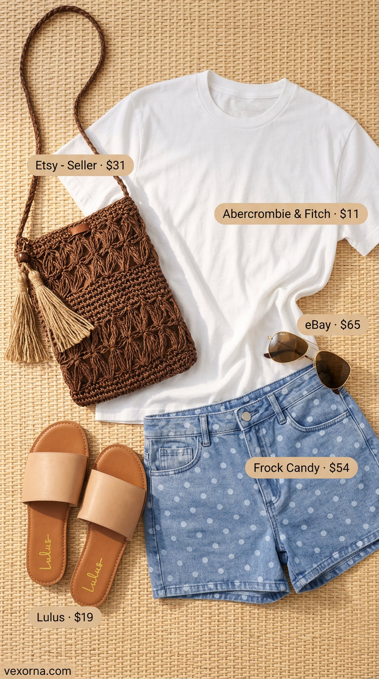Lakeside Getaway: Polka Dot Shorts 2026 Casual light wash denim shorts with polka dots for a lakeside day. Trendy summer polka dots outfits 2026.