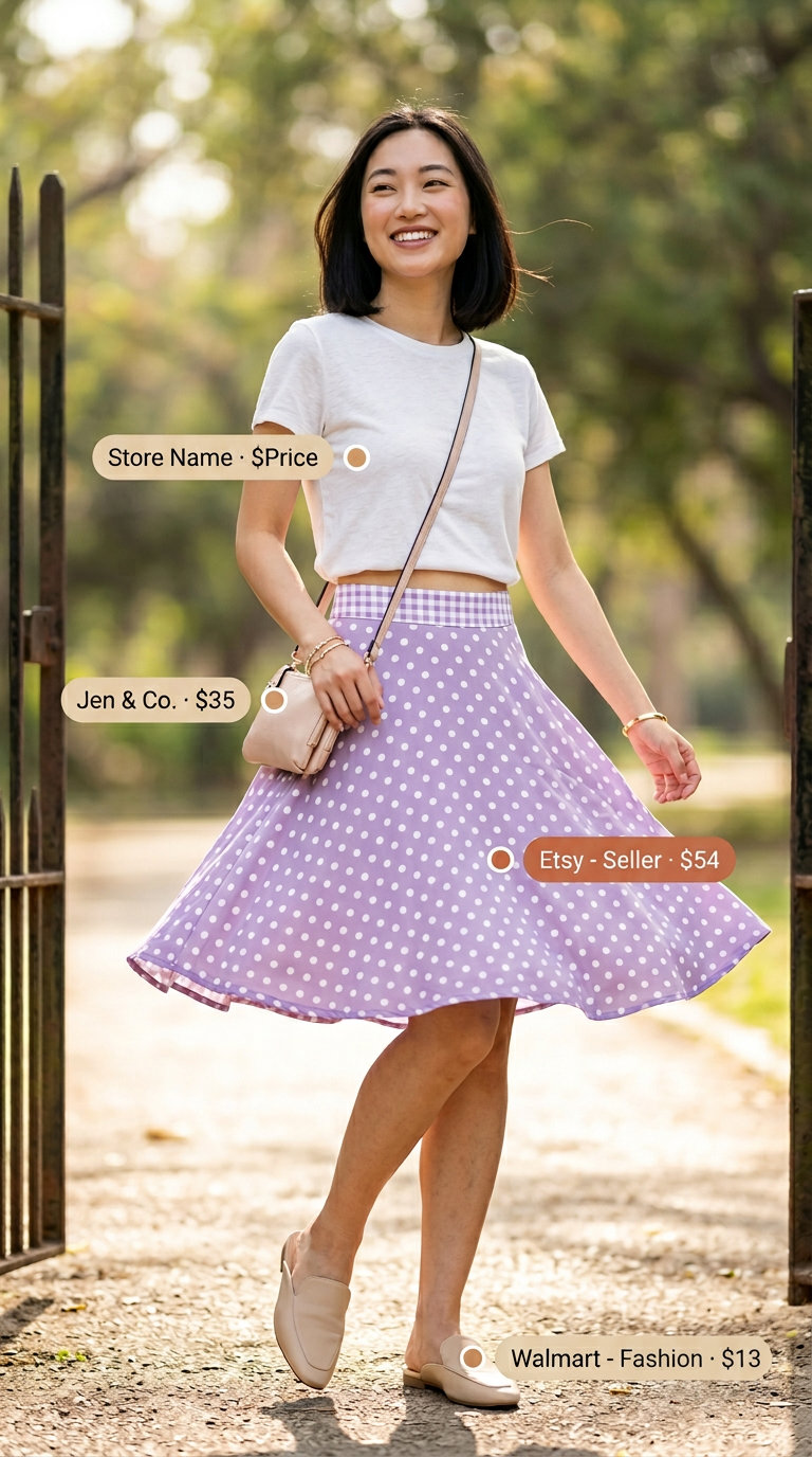 Lavender Field Picnic: Polka Dot Skirt 2026 Romantic lavender polka dot mini skirt outfit for a picnic. Trendy summer polka dots outfits 2026.