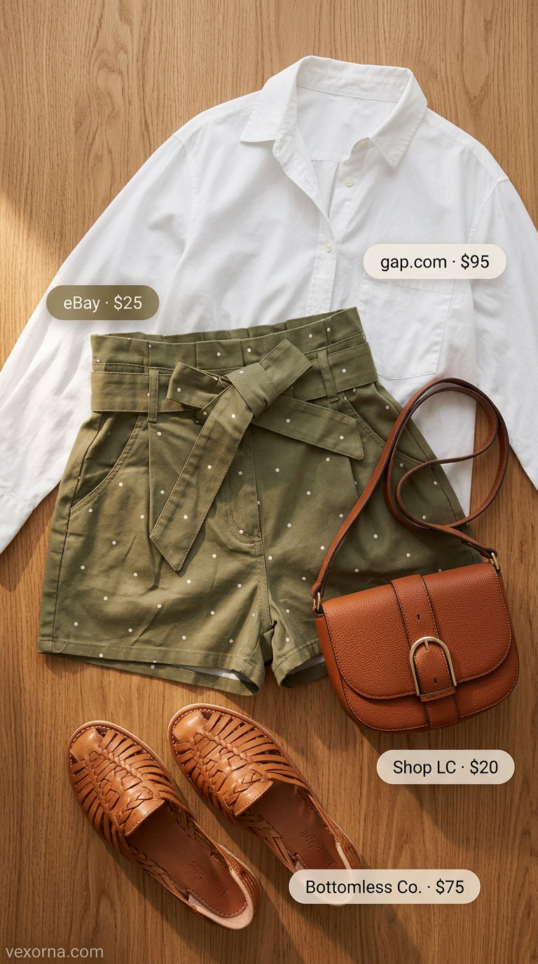 Trendy Summer Polka Dots Outfits 2026: Safari Chic Trendy summer polka dots outfits 2026: Olive green polka dot shorts, white oversized shirt, and tan slides for a safari chic day.