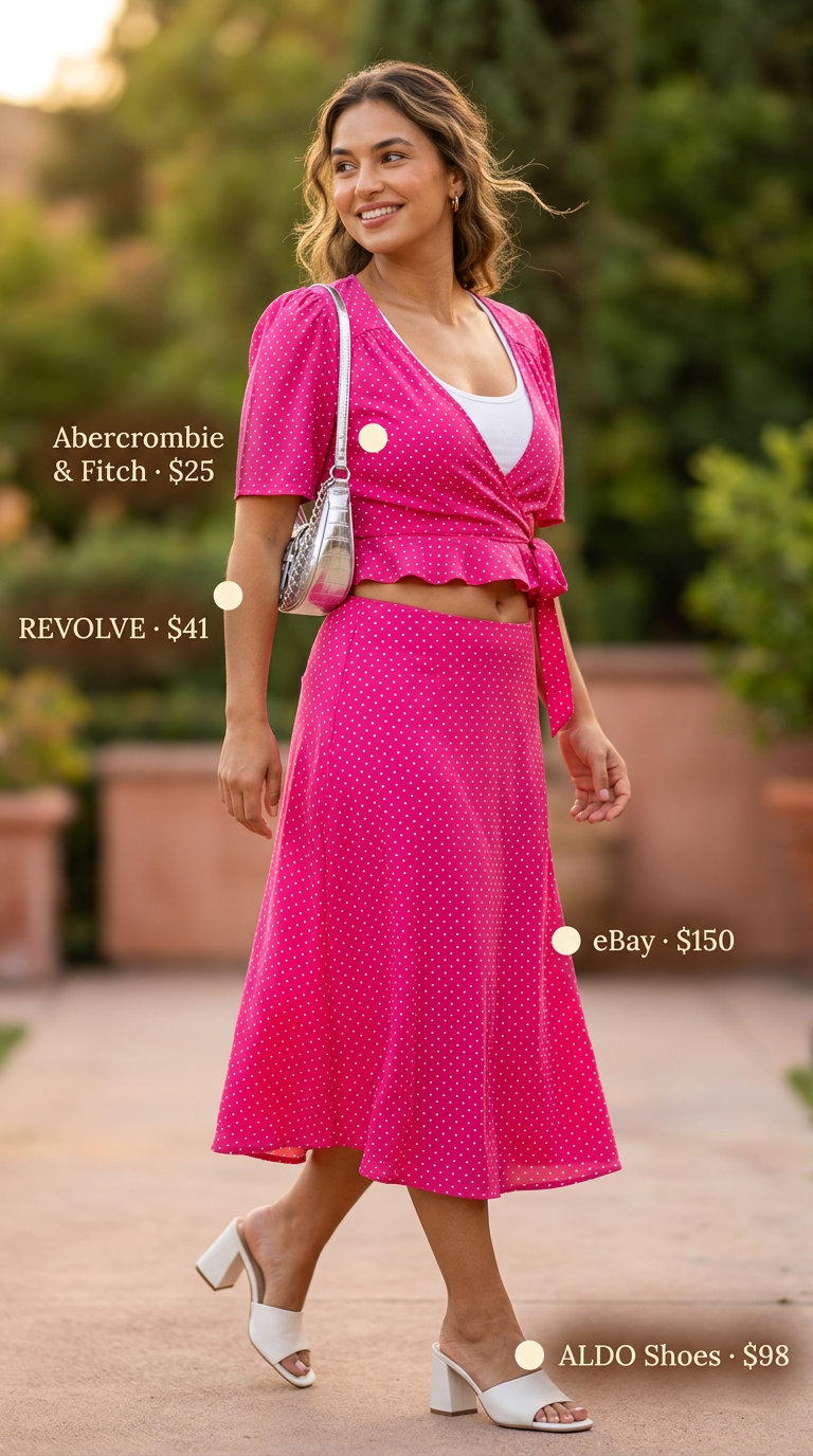 Trendy Summer Polka Dots Outfits 2026: Party Set Trendy summer polka dots outfits 2026: Hot pink polka dot matching set for a vibrant summer party.