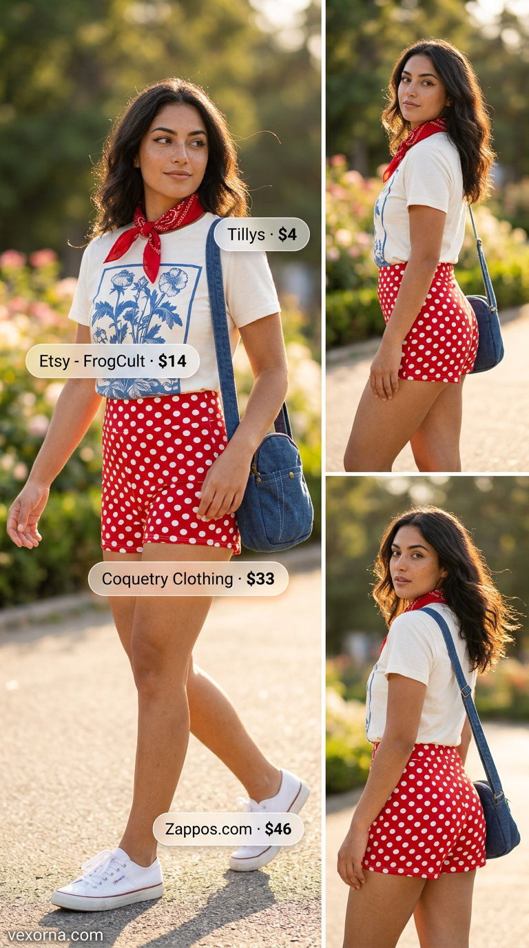 Retro Polka Dot Summer Outfits 2026 Retro summer outfit: Red polka dot shorts, graphic tee, bandana, and canvas sneakers for 2026.