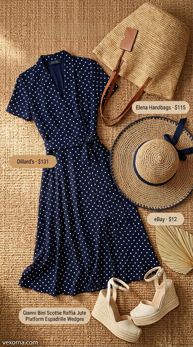 Riviera Polka Dot Summer Outfits 2026 Riviera romance outfit: Navy polka dot maxi dress, straw hat, espadrilles, and tote for 2026.