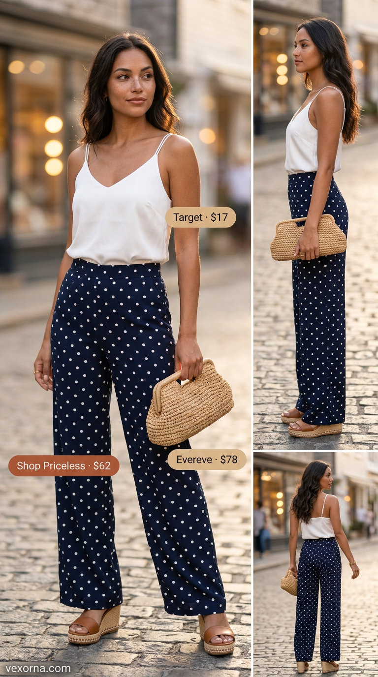 Riviera Evening Escape: Polka Dot Pants 2026 Sophisticated navy polka dot wide-leg pants for resort wear. Trendy summer polka dots outfits 2026.