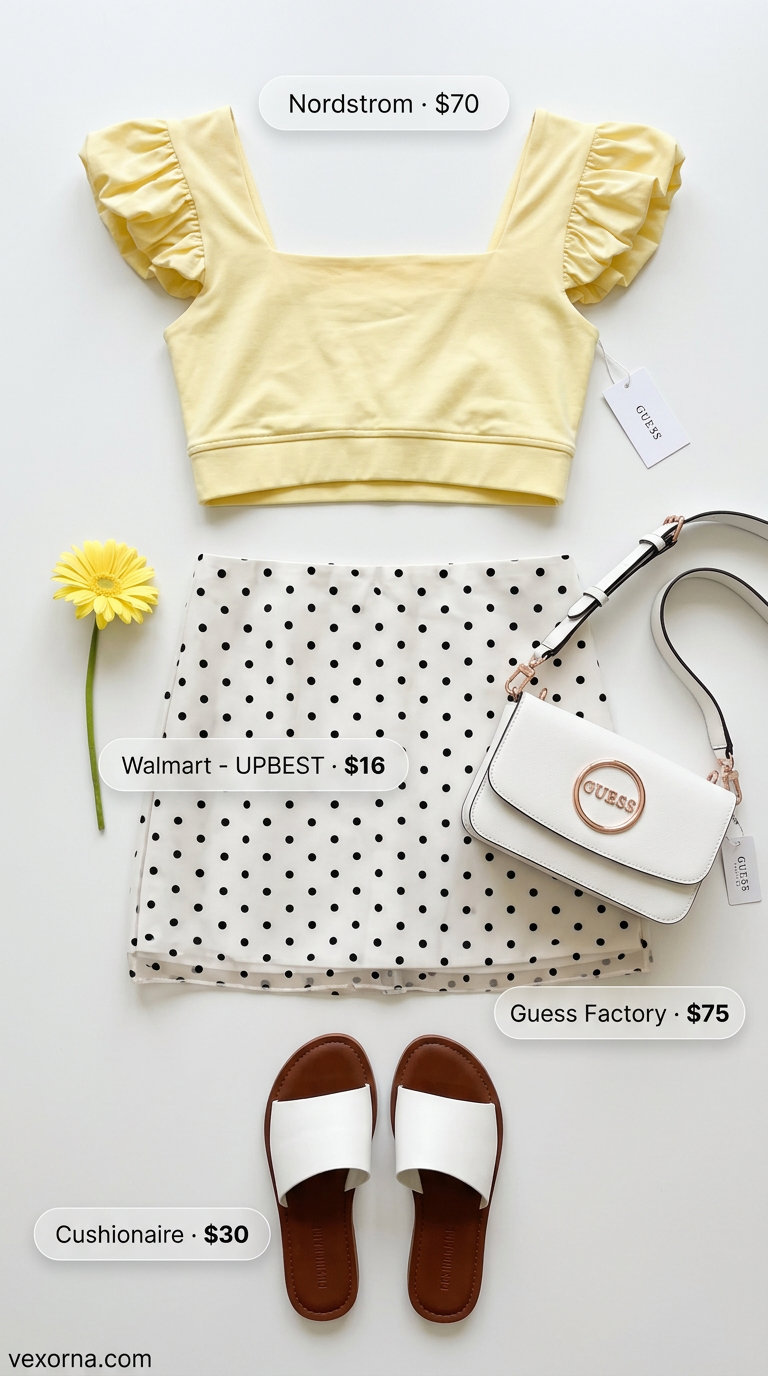 Sweet Summer Picnic: Polka Dot Skirt 2026 Playful white polka dot mini skirt with yellow top for a picnic. Trendy summer polka dots outfits 2026.