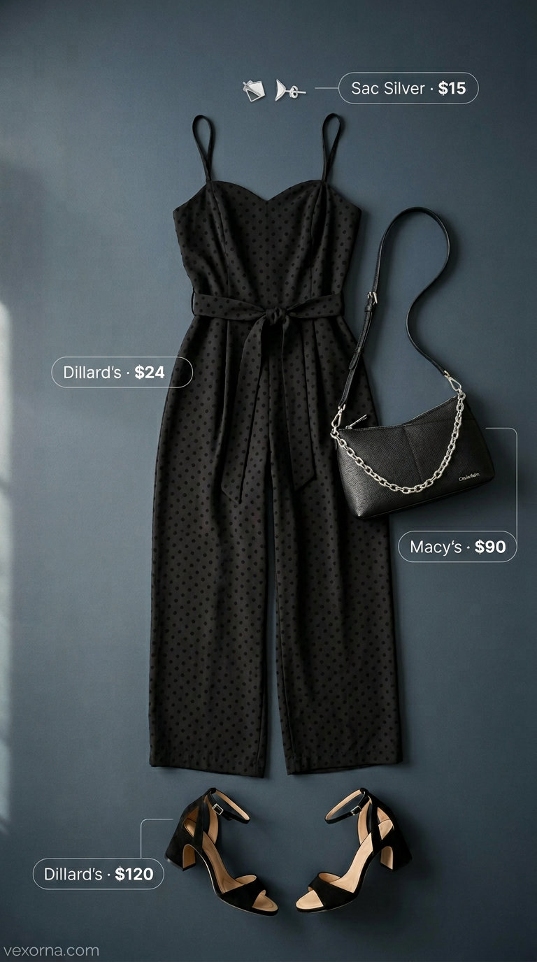 Urban Summer Soiree: Polka Dot Jumpsuit 2026 Sophisticated black polka dot wide-leg jumpsuit for evening events. Trendy summer polka dots outfits 2026.