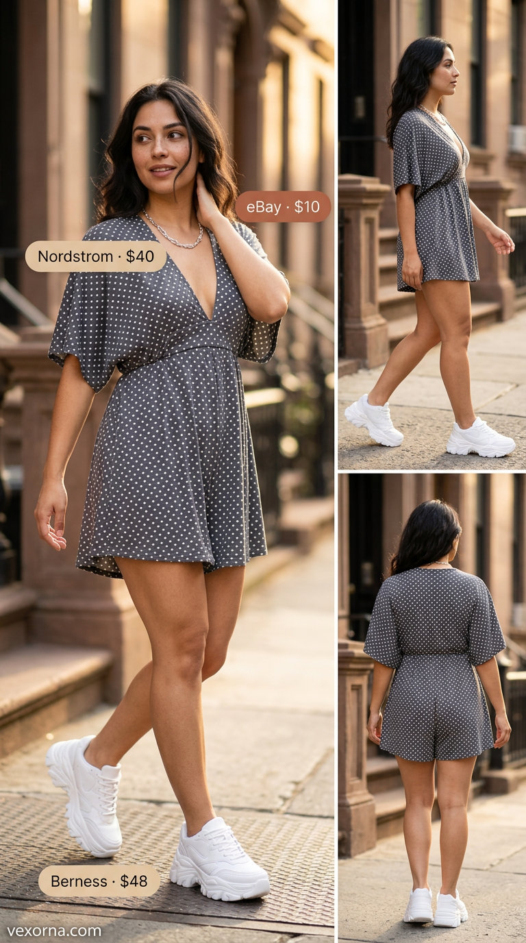 Urban Safari Chic: Polka Dot Romper 2026 Edgy grey polka dot utility romper for urban adventures. Trendy summer polka dots outfits 2026.